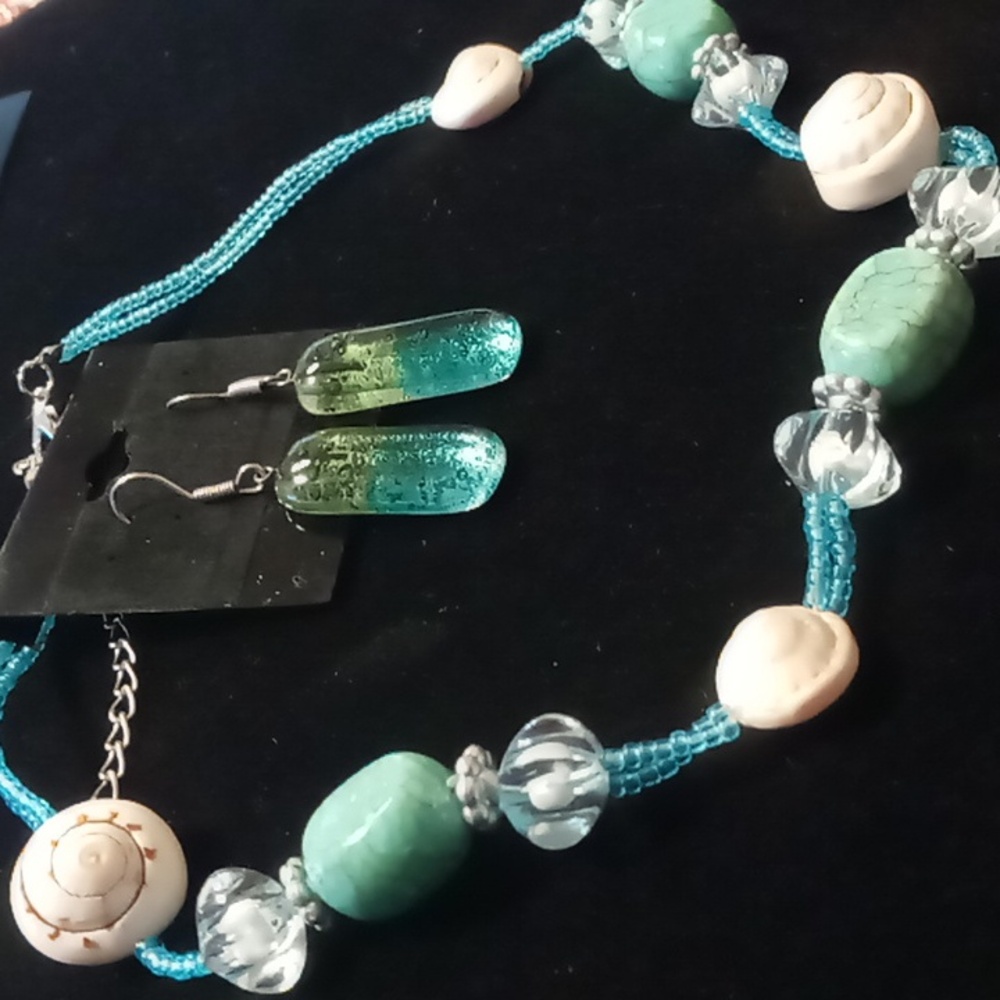 Necklace & earrings teals, blues, shells glass earrings glass beaded necklace